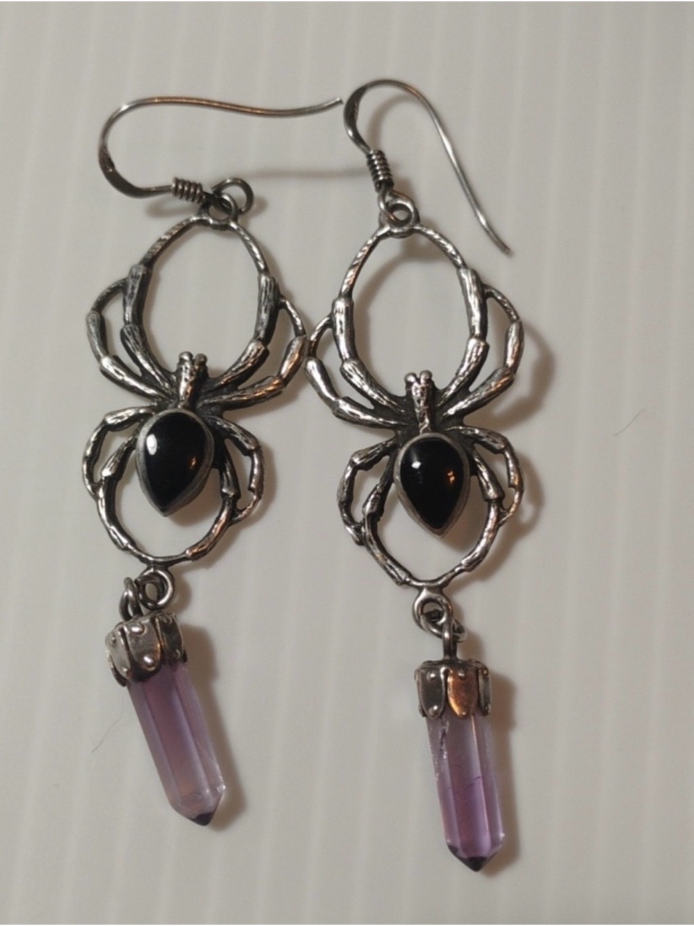 Sterling Silver 925 Onyx & Amethyst 2” Drop Spider Earrings Handcrafted - Picture 5 of 5